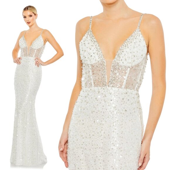 MAC DUGGALEMBELLISHED PLUNGE NECK SLEEVELESS TRUMPET GOWN #68175